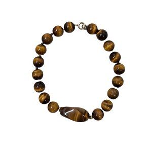 Vintage Handcrafted 14k Gold Clasp Tigers Eye Beaded Bracelet Natural Stone 7.5"